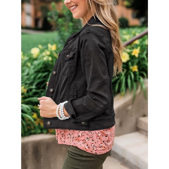 Women's Button Down Stretch Fitted Long Sleeves Denim Jean Jacket Vintage Black - Picture 3 of 9